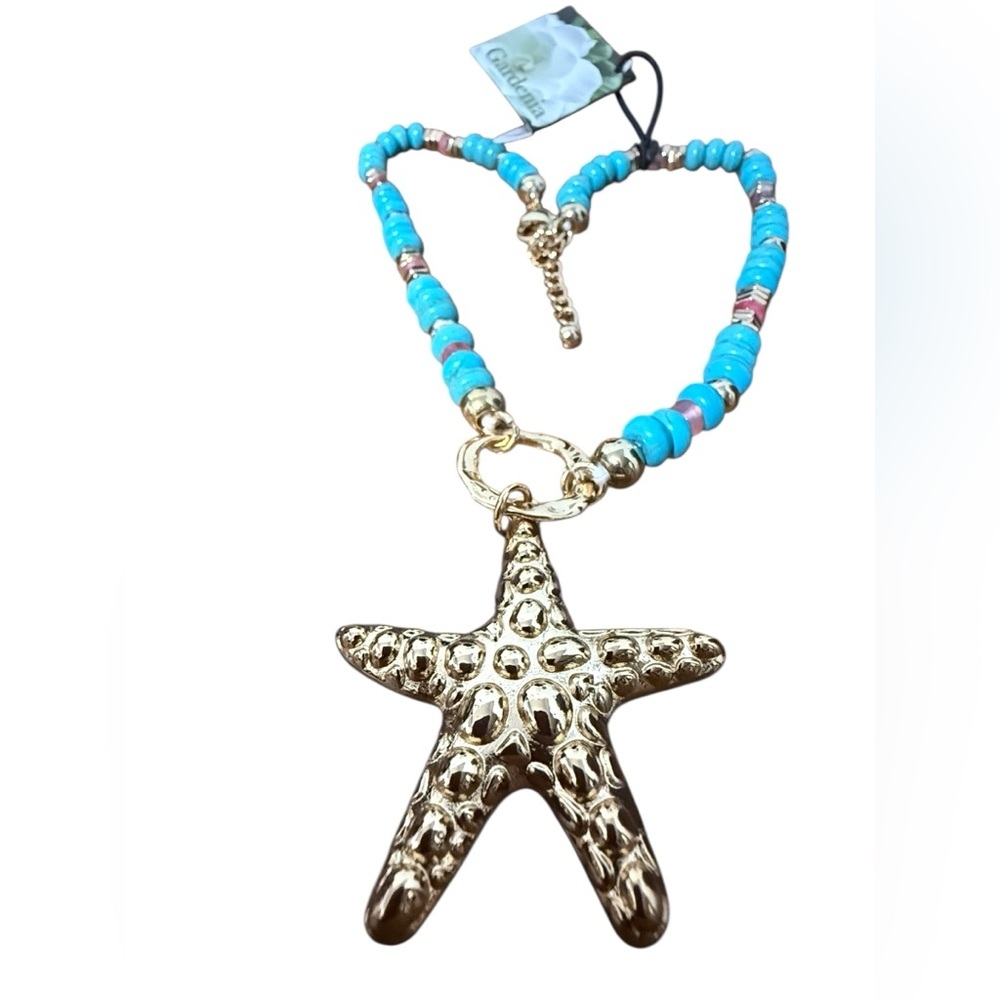 Turquoise Beach-Themed Necklace with Gold Accents - Picture 5 of 11